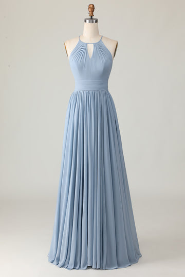 Dusty Blue Halter Chiffon Ruched Long Bridesmaid Dress with Keyholes